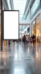 Blank vertical digital display in shopping mall with blurred people background. Advertising mockup billboard for marketing and promotion campaigns
