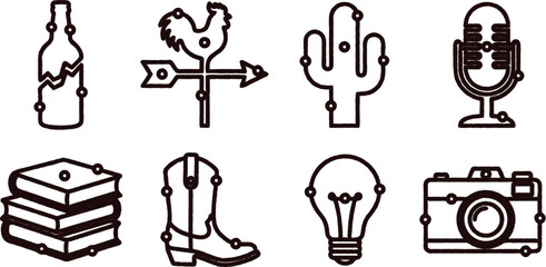 Naklejka premium Collection of line icons including bottle cactus microphone books boot lightbulb camera rooster sign