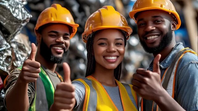 Recycling. Environment conservation. Waste management. A group of construction workers giving thumbsup in a warehouse setting.construction workers wearing safety gear, including hard hats, vests.