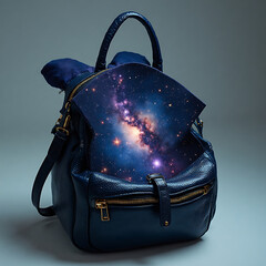 A cosmic journey held within a stylish blue leather backpack, symbolizing discovery, dreams, and the vastness of imagination for future adventures