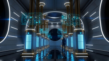 A lone figure stands amidst advanced Quantum Computing Infrastructure, observing holographic displays in a futuristic research facility, emphasizing technology and innovation.