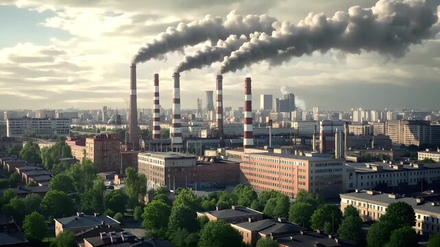 Air pollution. Environment conservation. Industry. Aerial view of industrial cityscape with tall buildings and smokestacks releasing plumes of smoke against a partly cloudy sky.