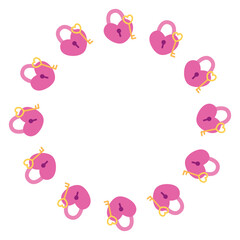 Round frame with a heart-shaped lock and key. Isolated white background. Flat-style vector illustration