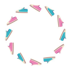 Round frame blue and pink sneakers. Isolated white background. Flat style vector illustration