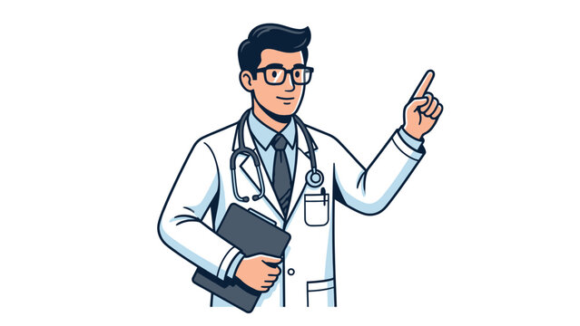 Doctor wearing lab coat and stethoscope pointing upwards.