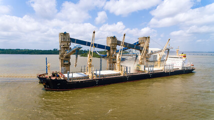 Soybean bulk carrier loading at port in Barcarena, Amazon, Brazil