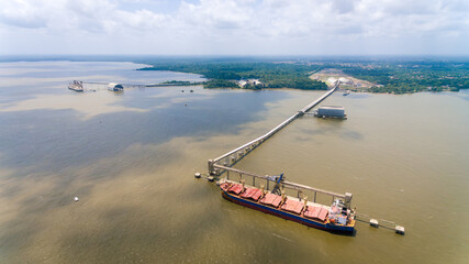 Obraz premium Panoramic aerial view of soybean ports in Barcarena, Amazon, Brazil