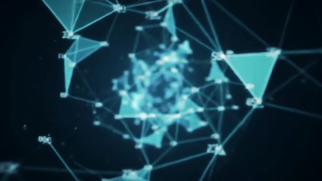 Abstract network of interconnected triangles with numbers floating in a dark space.