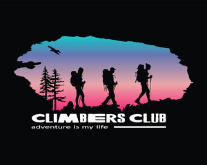 Climbers Club Adventure Silhouette with Sunset Gradient