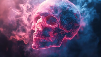 Ethereal human skull glowing brightly amidst swirling pink and blue smoke, an abstract and powerful visual concept exploring the mystic beauty of life's delicate transience