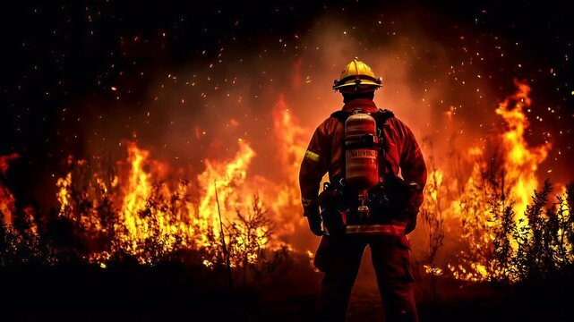 Natural disaster. Devastating loss aftermath scene. A firefighter stands amidst a roaring fire, his silhouette sharply contrasted against the fiery backdrop.