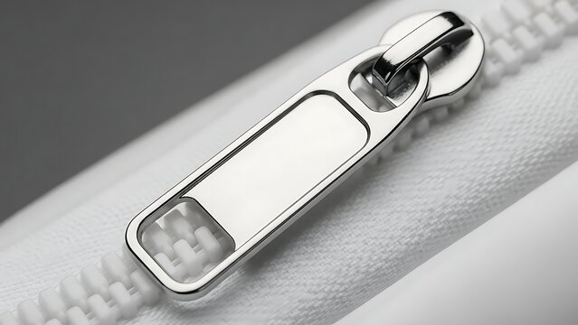 Close-up macro shot of a shiny silver zipper pull on a white fabric background.