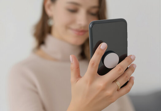 Woman holding black phone with white pop socket mockup, ai generated