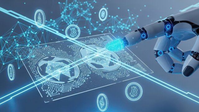 Robot is pointing at a screen with a bunch of numbers and letters on it - Powered by Adobe