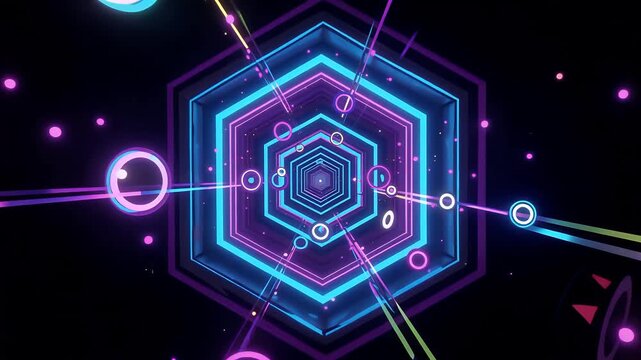 Futuristic Neon Hexagonal Tunnel Animation with Glowing Rings.