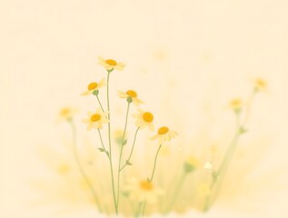 whimsical illustration of dreamy blossoms in soft motion blur, with gentle petals in pale yellow hues and green stems, warm and serene background