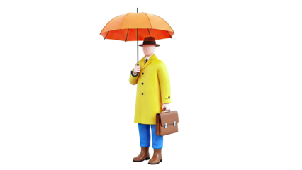 3D Man in Yellow Raincoat with Umbrella and Briefcase
