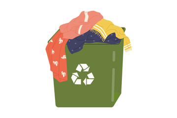 Clothing Recycling Bin with Used Garments for Sustainable Fashion Illustration. Green recycling bin overflowing with used clothes, sweaters, and textiles to promote a circular fashion economy