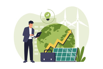 Naklejka premium Business Professional Analyzing Sustainable Green Energy and ESG Corporate Strategy. Businessman working on a laptop representing corporate environmental responsibility and renewable energy investment