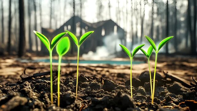 Natural disaster. Devastating loss aftermath scene. green sprouts emerging from the ground in front of a house amidst a forested area during what appears to be the aftermath of a devastating fire.