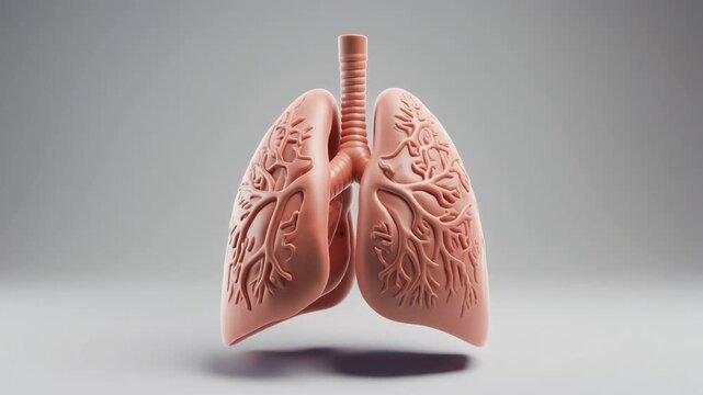 3D stylized animation of human lungs breathing on a white background. Clear depiction of air
