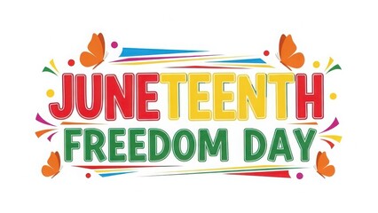 Juneteenth Freedom Day celebration graphic with colorful text and butterflies holiday american