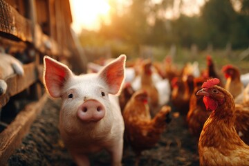 A Curious Piglet in a Farm Setting with Chickens at Sunrise