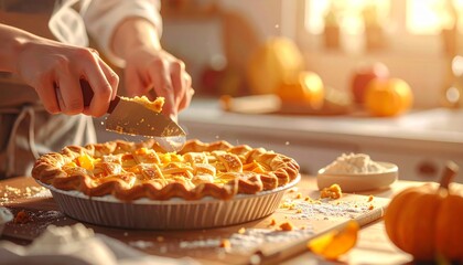 Delicious homemade pumpkin pie being served in a cozy kitchen setting, perfect for autumn celebrations and holiday gatherings.