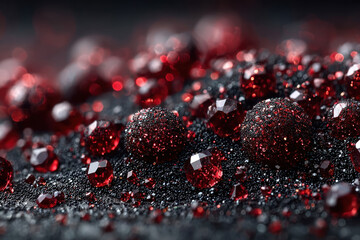 An abstract macro scene with a scattering of dark and scarlet crystals, sparkling spheres, and faceted particles on a velvety black surface.  