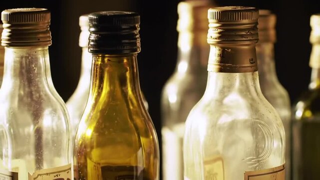 Collection of vintage glass bottles with aged labels, creating a nostalgic and rustic atmosphere.
