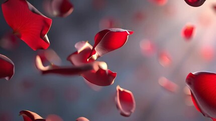 Photorealistic macro view of red rose petals spinning in mid air with dynamic falling motion soft cinematic backlight and gentle motion blur