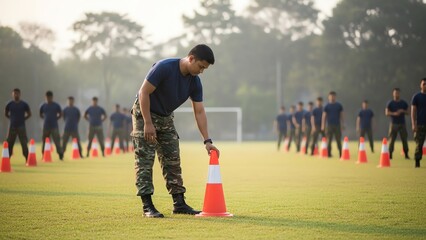Man Adjusting Orange Cones on Sports Field.