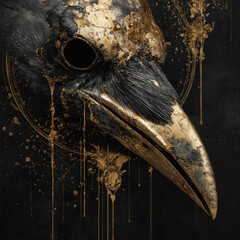 Obraz premium A surreal portrait of a raven in the form of a mystical mask with a long beak, executed in a dark palette with gold accents. 