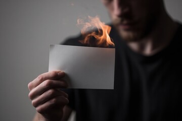 A Man's Hand Holding Burning Paper Focus on Fire's Intensity