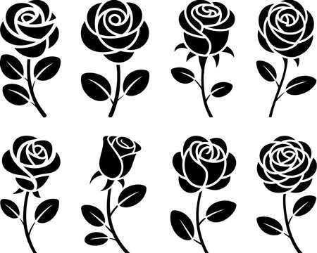 A minimalist illustration of eight black roses on a white background