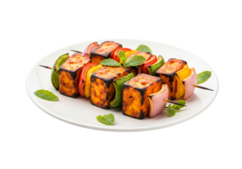 colorful sushi plate with salmon-topped maki rolls on white plate