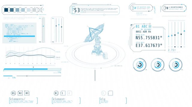 Animated screen with infographic elements and parabolic dish antenna