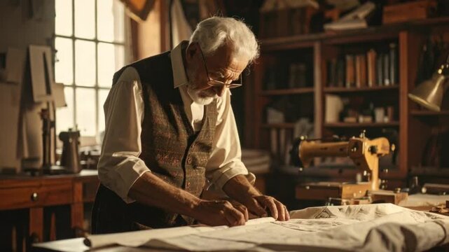 Elderly craftsman meticulously working on a pattern in his vintage workshop