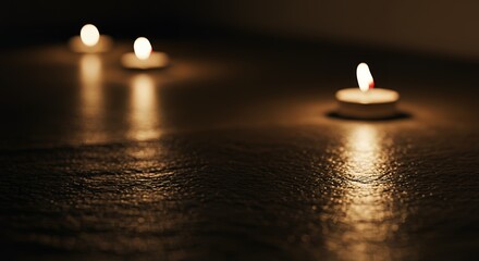 Close-up of three glowing tea light candles on a dark, reflective surface, casting warm light and creating a cozy, tranquil atmosphere.