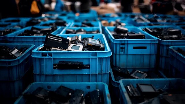Electronic waste. Environment ecosystem pollution. Recycling. A closeup shot of a blue plastic crate filled with electronic components, possibly electronic devices.