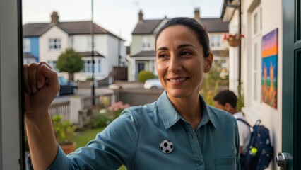 Smiling Woman in Blue Shirt with Soccer Pin, Looking Out Window at Residential Neighborhood