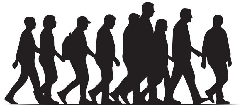 Black Silhouettes of Diverse People Walking in a Line on White Background