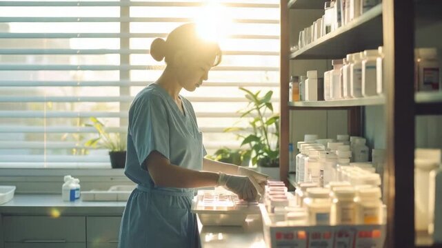 Healthcare professional preparing prescriptions in a bright medical facility