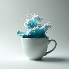 A powerful ocean wave crashing into a white coffee cup, creating a dynamic splash of blue water against a neutral background