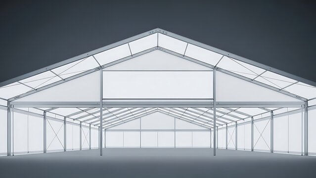 Modern large white tent structure with clear roof and metal frame, empty interior space.