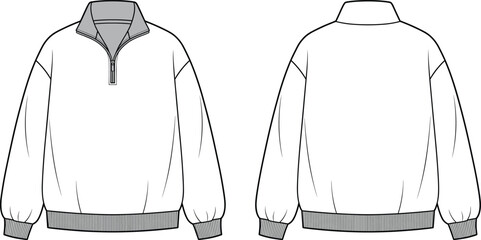 Men quarter zip sweatshirt, technical fashion flat sketch showing front and back views isolated on white background vector illustration design © MstFulmoti