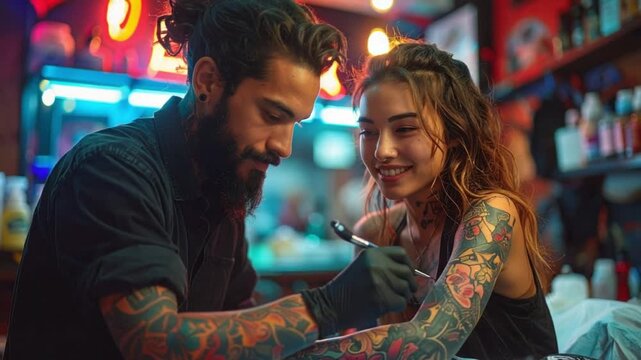 Skilled tattoo artist meticulously inks a woman's arm in a vibrant studio