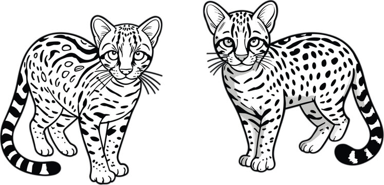 Black and white line art vector illustration of two cute ocelot kittens for coloring book or educational kids project, isolated on white background