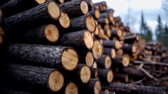 Deforestation. Environment conservation. Ecosystem. A closeup shot of a stack of freshly cut logs in a forested area. The logs are dark brown with visible wood grain patterns.