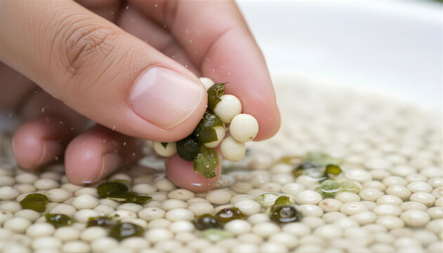 Macro of Hand Peeling White Lupin Beans
